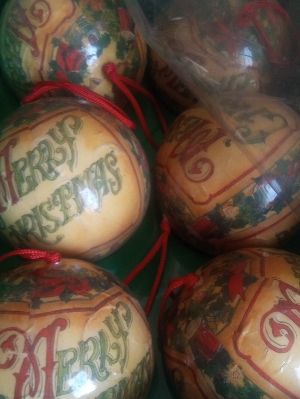 Merry Christmas VINTAGE Set Of 6 decoupage Ornaments 1960s 90mm